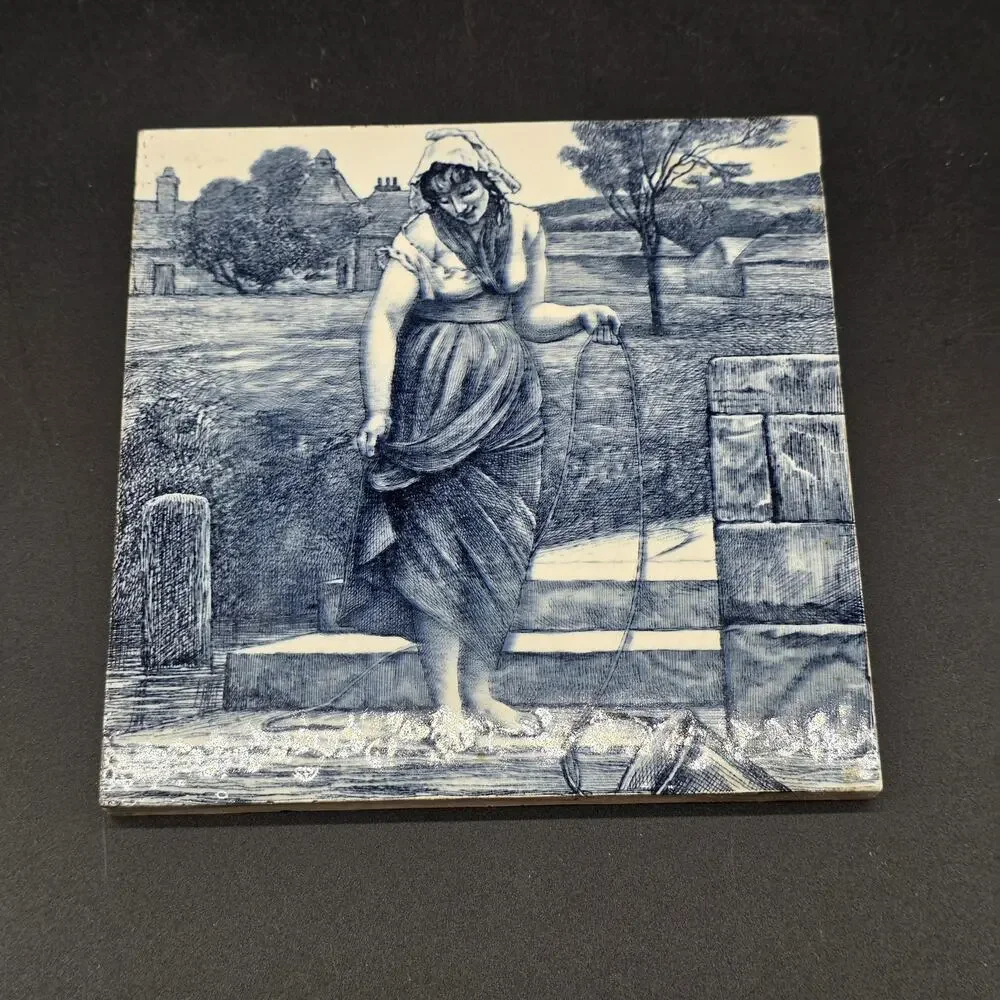 Antique Minton Tile Blue White Transferware Woman at Well Rural Scene